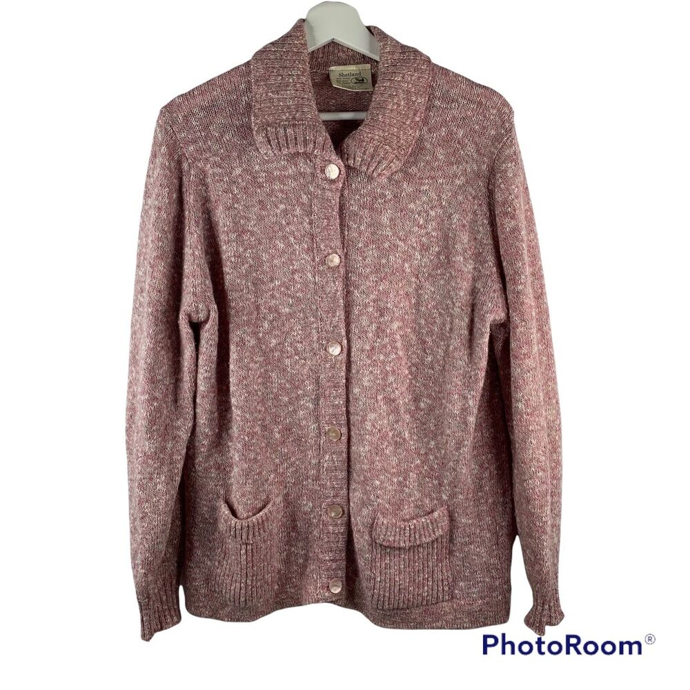 Shetland Size L Cardigan Sweater Wool Blend Button Up Scotland Made Women's Pink